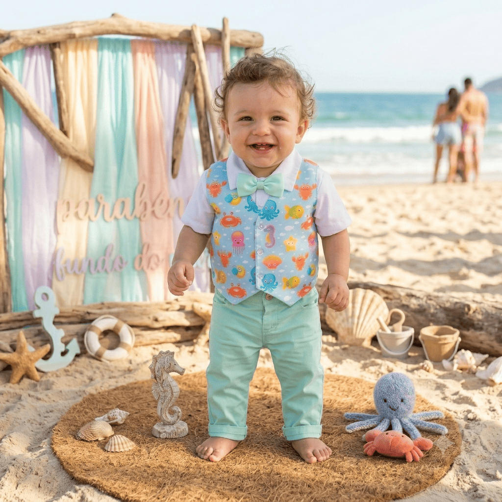 Roupa Fundo do Mar Menino Conjunto Social Calça e colete com camisa e gravata Festa Fundo do Mar Baby