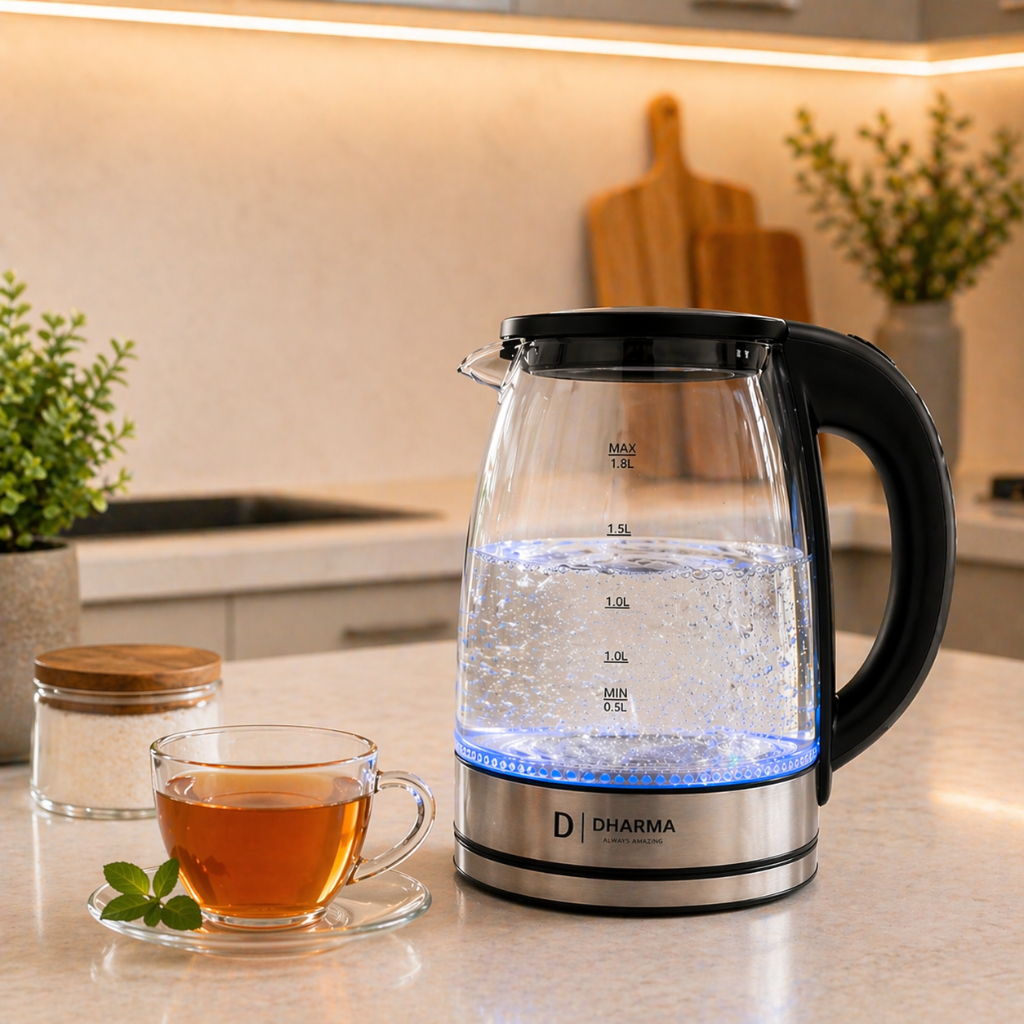 Chaleira Elétrica de Vidro 1,8L Inox com LED Azul Desligamento Automático Base Giratória 360°
