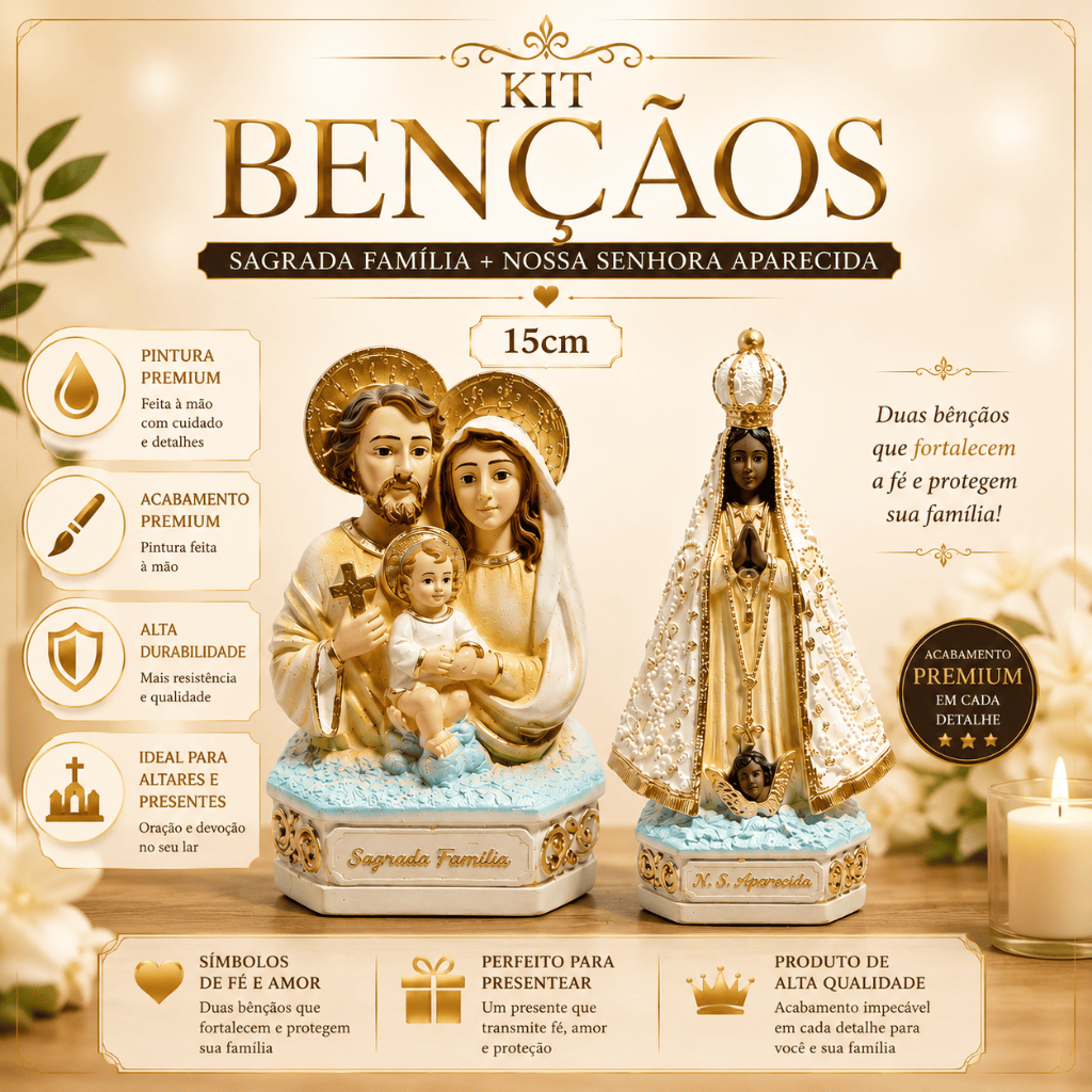 Imagem Nossa Senhora Aparecida Dourada 15cm + Busto Sagrada Família 15cm Presente Religioso Especial