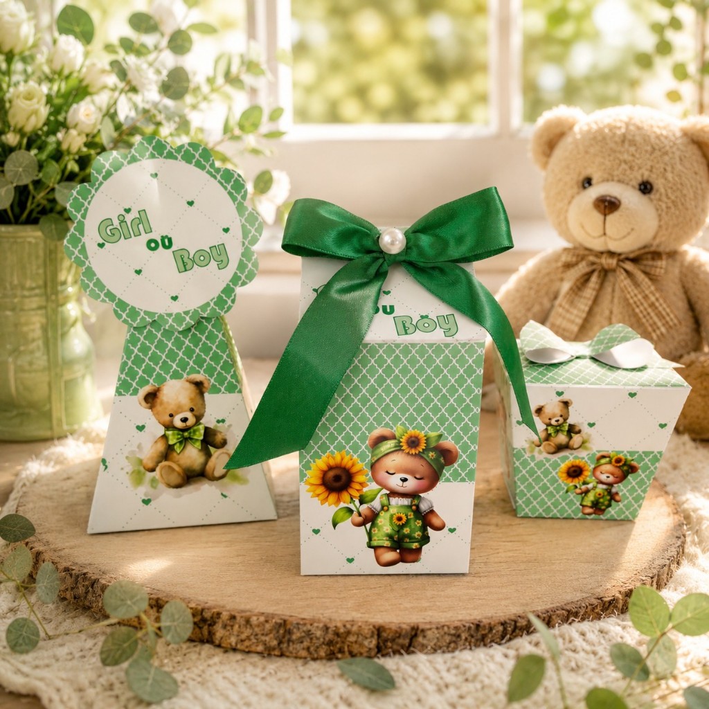 Personalizados Tema Chá Revelação Ursinho Verde | Kit Festa Pegue e Monte | Caixinhas p/ Montar em Casa