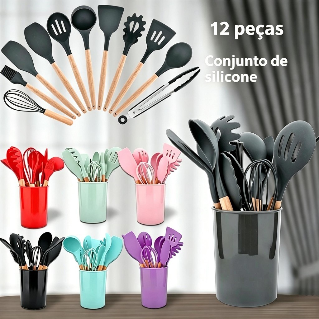 Kit 12 Utensílios Silicone Cozinha Livre BPA Cabo Bambu Resistente Calor com Balde