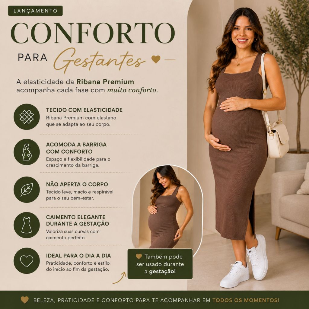 Vestido Midi Feminino para Gestante Decote Coração com Bolso e Fendas Laterais Moda Verão 2026