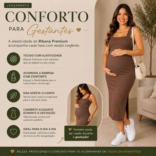 Vestido Midi Feminino para Gestante Decote Coração com Bolso e Fendas Laterais Moda Verão 2026