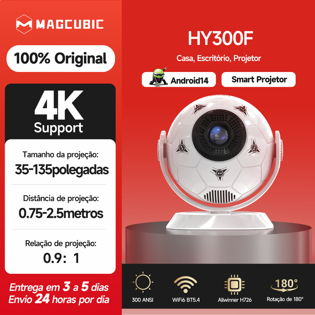 Magcubic Projetor HY300F 300ANSI Android 14 WIFI6 BT5.4 Rotação De 180° Mini E Portátil