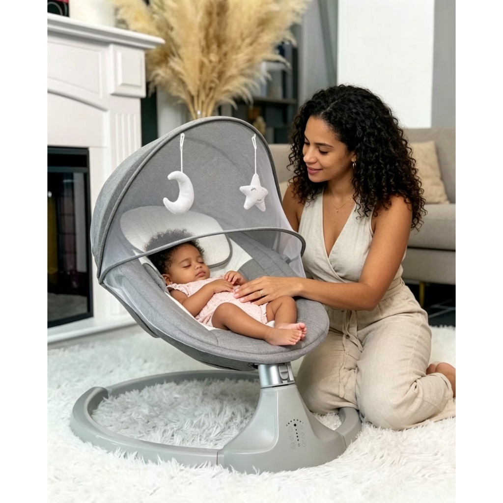 Cadeira Balanço para Bebê com Função Descanso, Música, Mosquiteiro e Controle Remoto