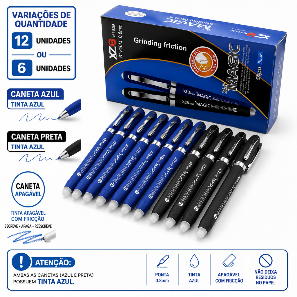 Caneta Mágica Apagável Ponta 0,8mm Caixa 6/12 unidades Azul E Preta Esferográfica