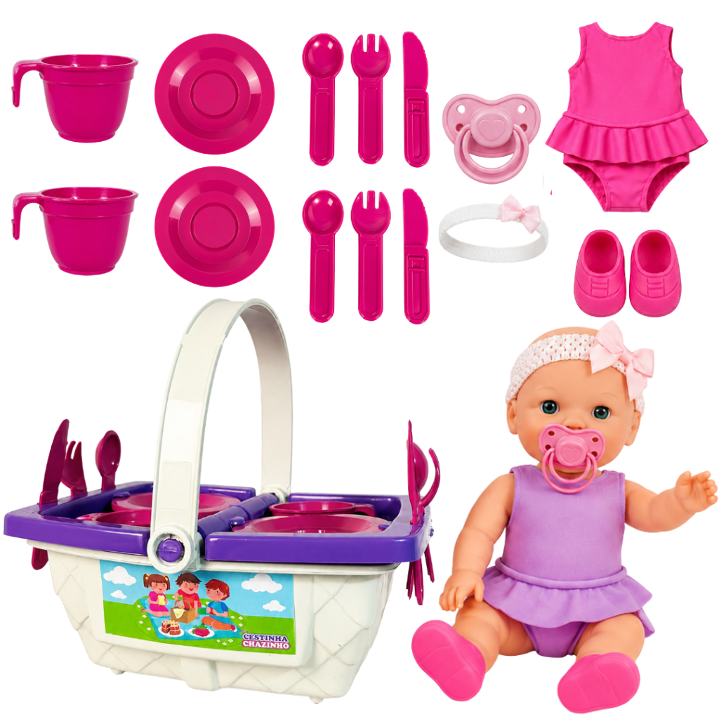 Boneca Vestido Cesta de Piquenique Infantil 10 Acessórios