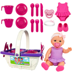 Boneca Vestido Cesta de Piquenique Infantil 10 Acessórios