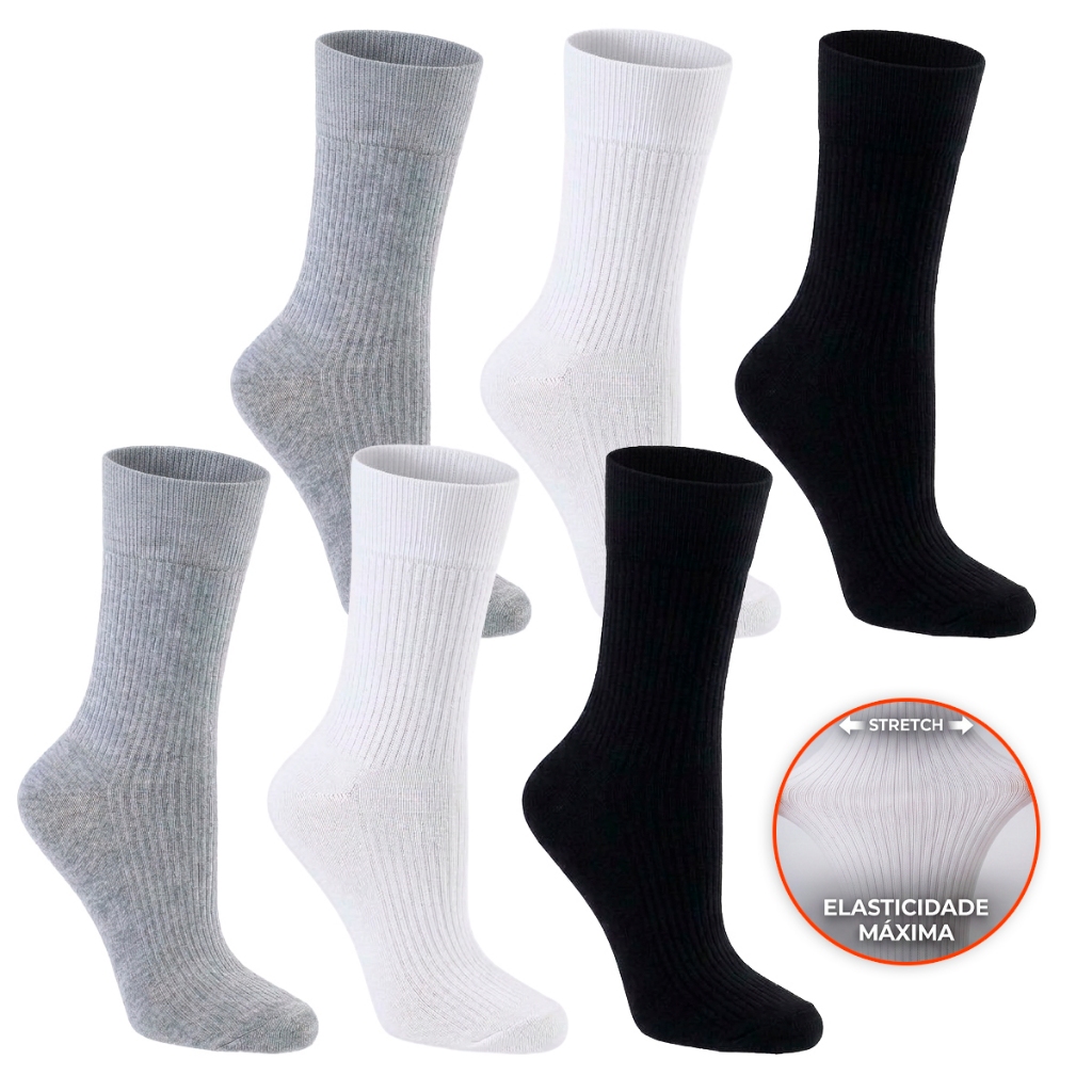 Kit Meias Masculinas Caneladas Cano Médio Algodão Cores Sortidas Unissex Sport C