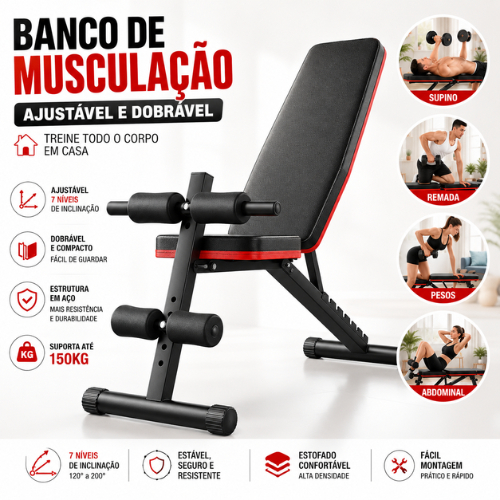 Banco de Musculação Ajustável Dobrável Supino Inclinado Reclinável Treino Academia Casa Estrutura em Aço Suporta 150kg