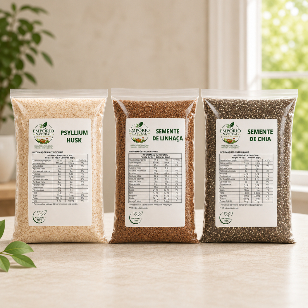 KIT FIBRAS PSYLLIUM PURO, SEMENTE DE LINHAÇA E CHIA COMERCIAL - EMPÓRIO NATURAL