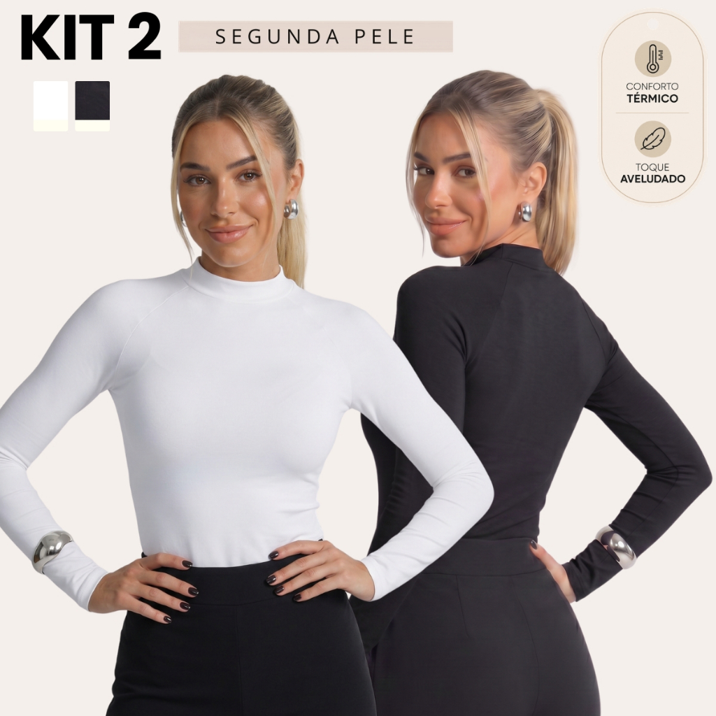 Kit 2 Blusa Segunda Pele Feminina Gola Alta Manga Longa Proteção UV Térmica Aveludada M, G, GG