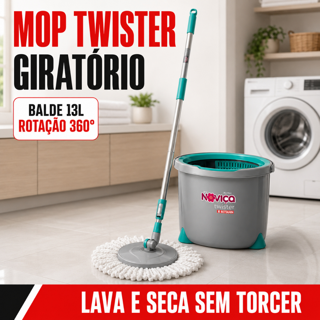Mop Giratório Twister Noviça Bettanin Balde 13L Microfibra Centrífuga Lava Seca Não Torce Esfregão