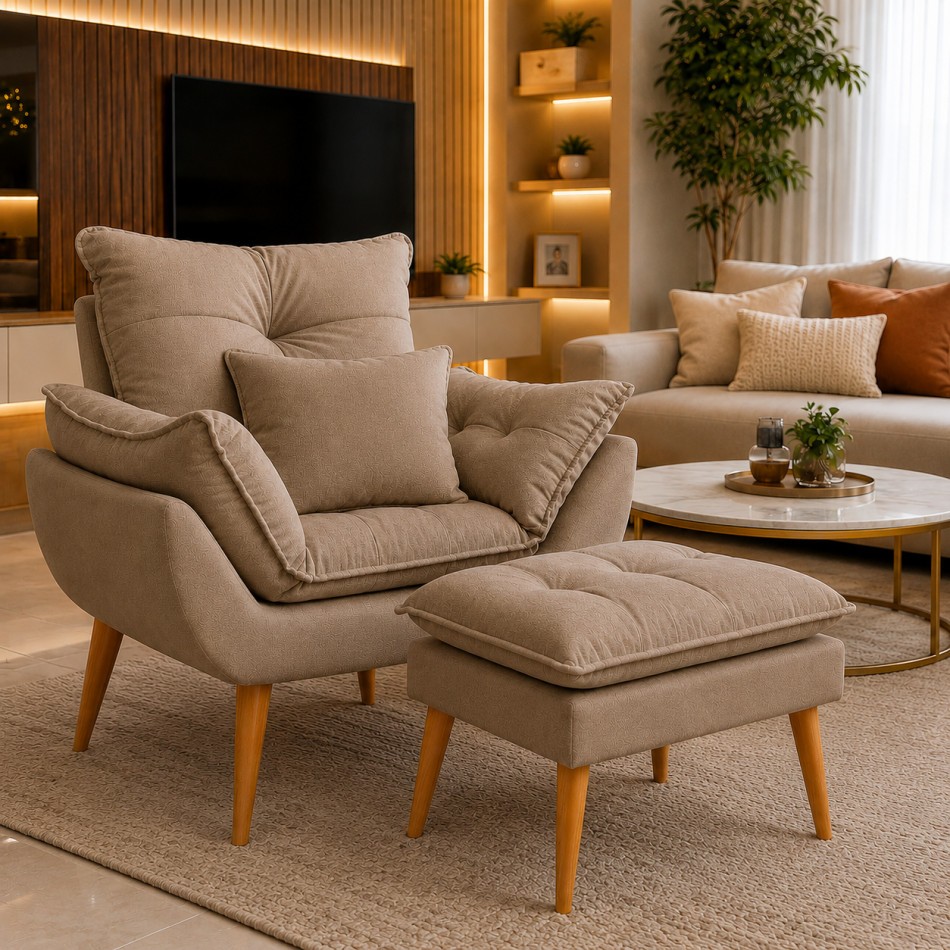 Kit Poltrona Puff + Almofada Amamentação Sala Decoração Tecido Suede Pés Palito Quarto Rack