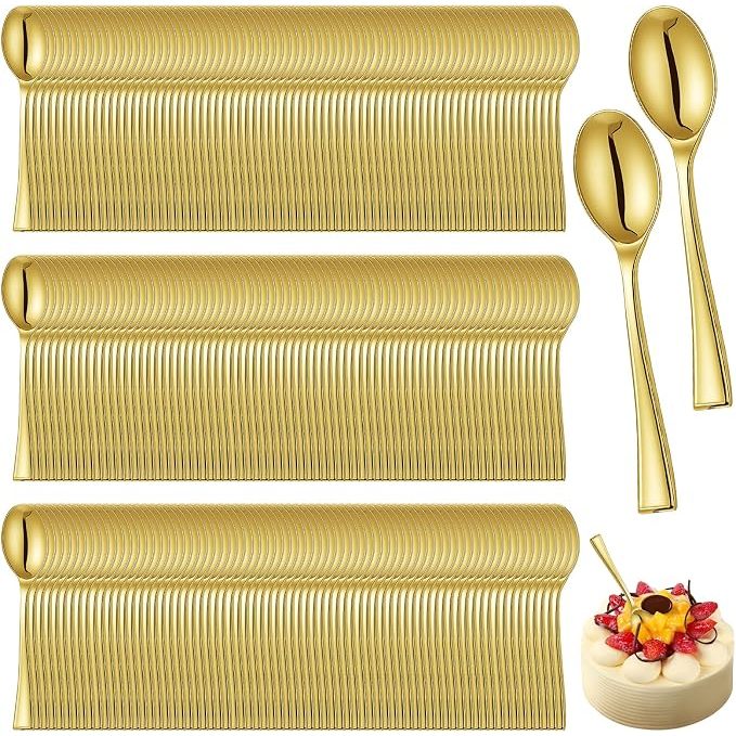 Kit 150/250/350/500 Colheres Festa descartáveis de plástico dourado metálico para sobremesa e bolos
