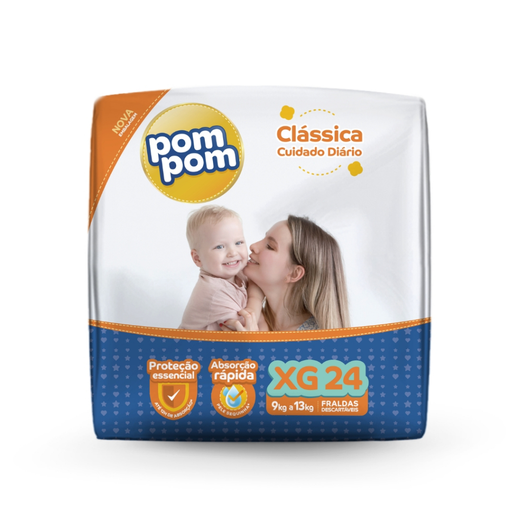 Fralda Descartável Infantil Pom Pom Clássica Cuidado Diário Econômica XG 24 Unidades 0 a 13 kg