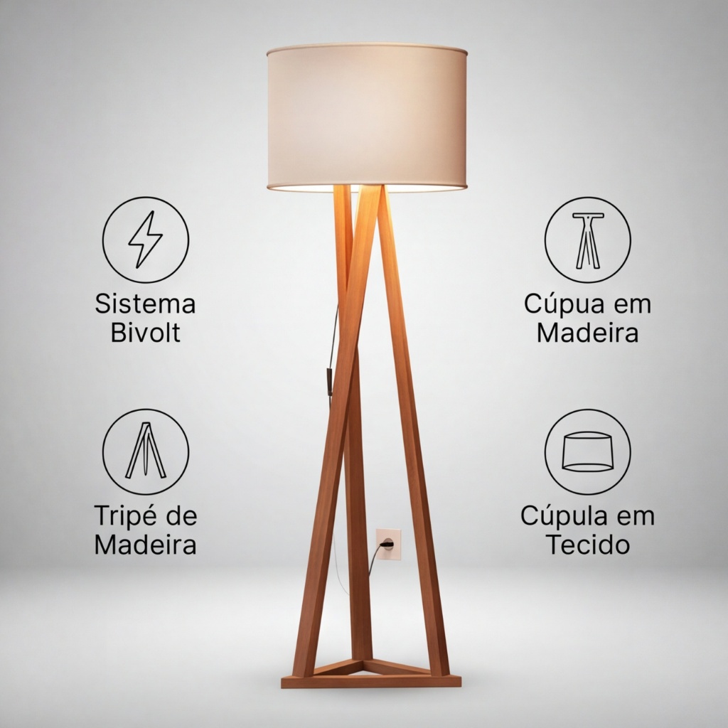 Luminária Chão Tripé Madeira Cúpula Abajur Sala Quarto Escritório Moderna Elegante Decorativa