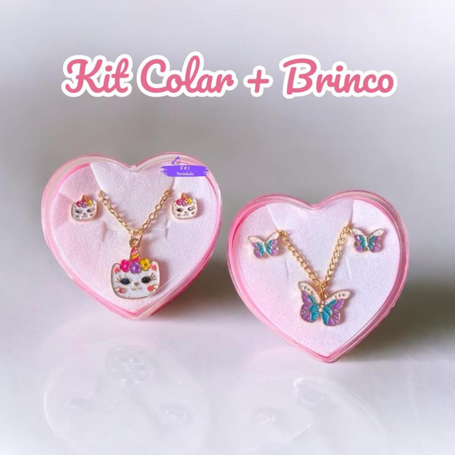 Kit Colar e Brinco Infantil Menina Bijuteria Com Pingente Vários Modelos + Caixa Coração