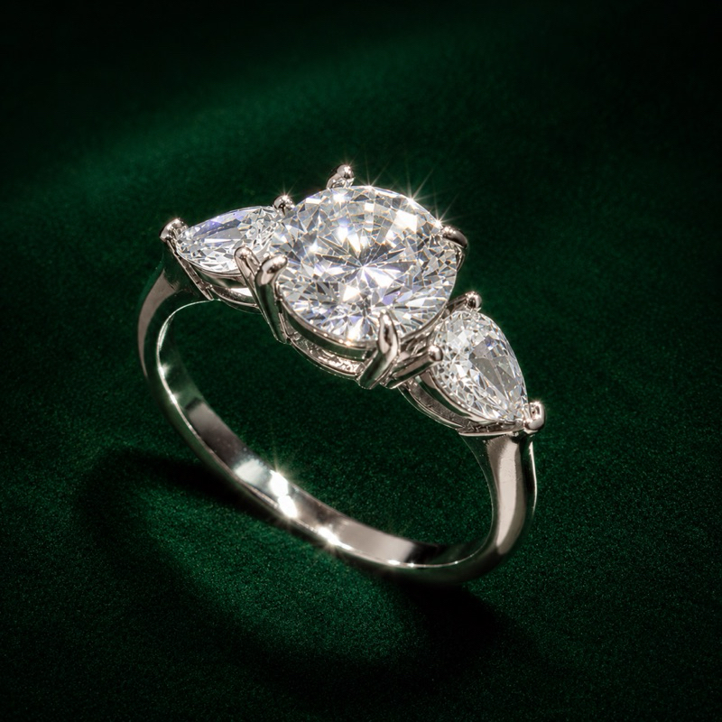 Anel Moissanite 8mm com Gotas Laterais em Prata 925 Luxuoso e Sofisticado