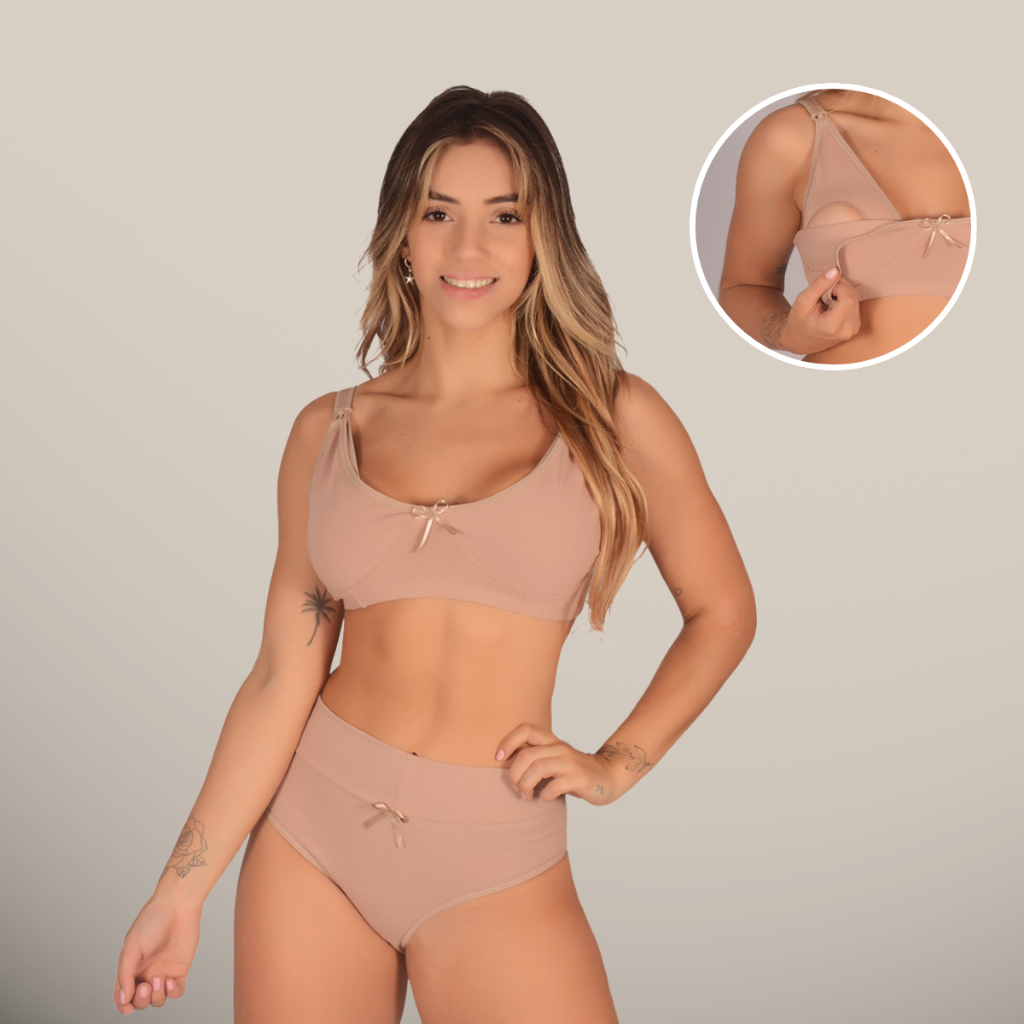 Kit Conjunto (Sutiã de Amamentação + Calcinha Pós Parto) Algodão Cintura Alta Sutian Reforçado para Amamentar Gestante