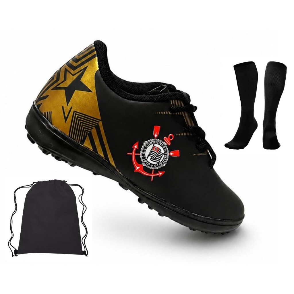 Kit Chuteira Infantil Society Corinthians Preta + Meião + Mochila | Confortável | Tam. 28 ao 36