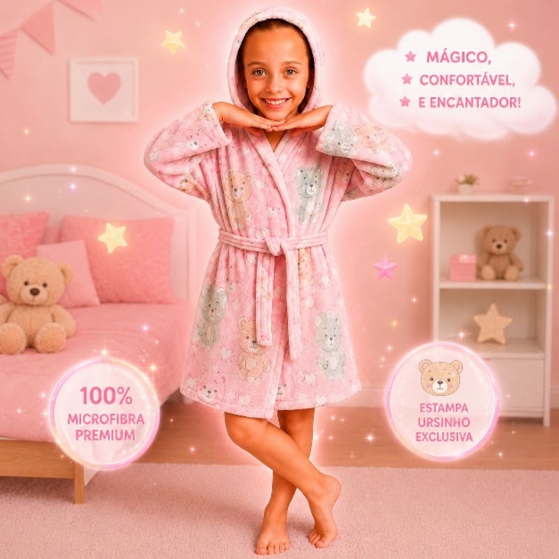 Roupão Banho Infantil Com Capuz Manta Fleece Menina E Menino Quentinho Fofinho Mantinha