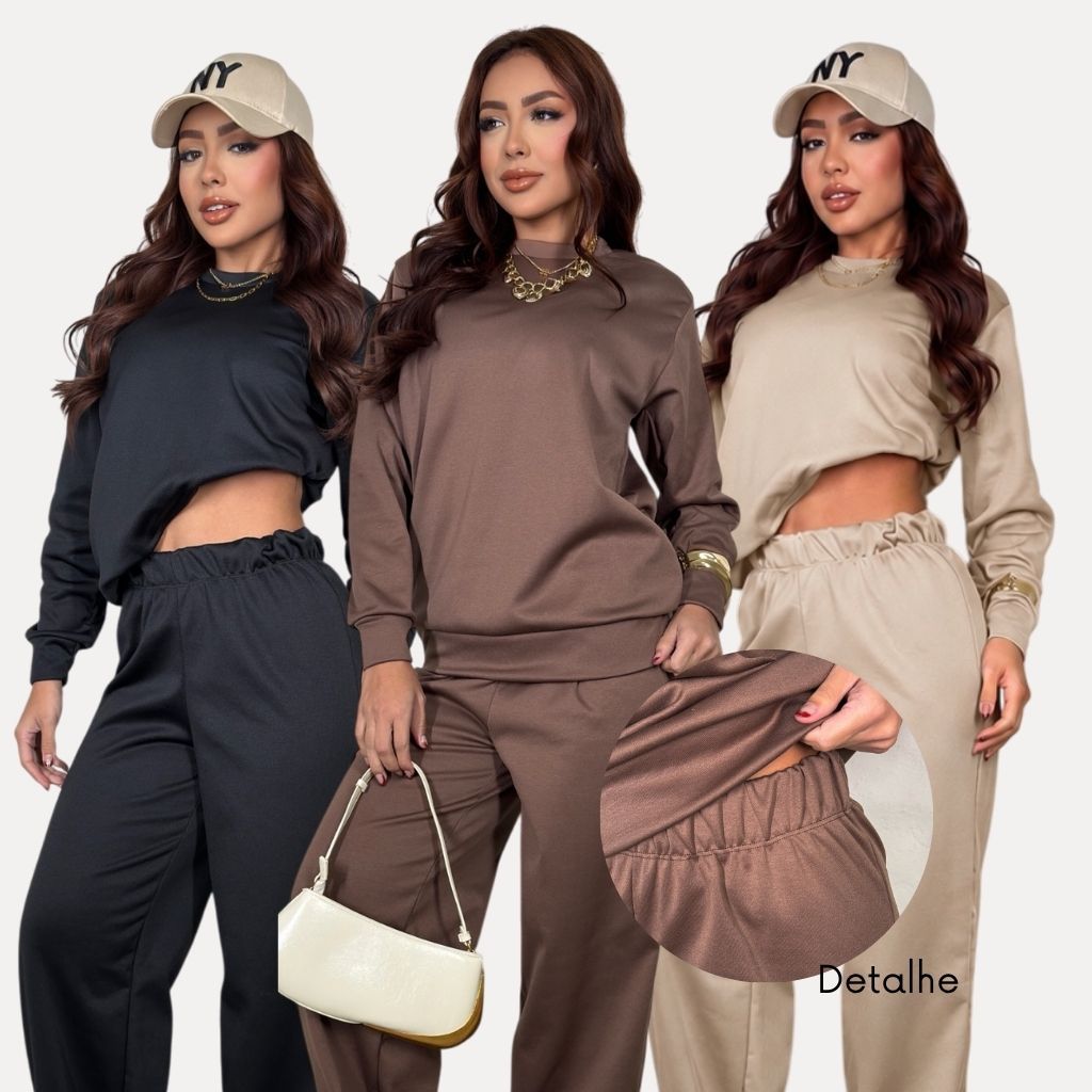 CONJUNTO MOLETOM FEMININO BASICO DIA A DIA INVERNO PEÇA BÁSICA FRIO CALÇA FLARE