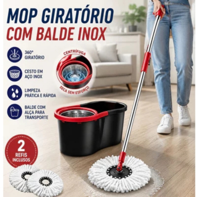 Mop Giratório Limpeza Esfregão 360º Balde 8L e 13L Litros Cesto Aço Inox  Com Refil