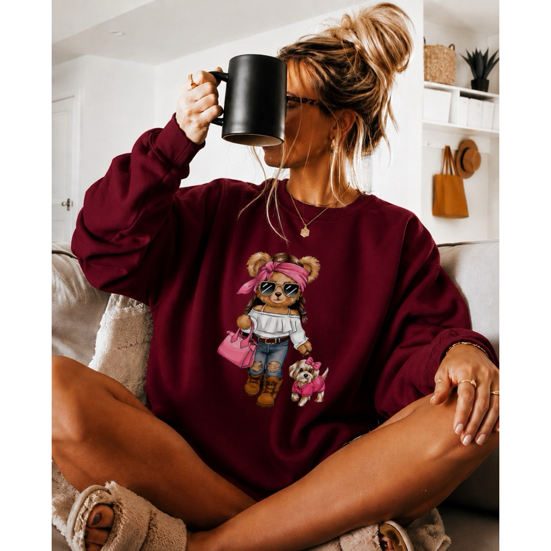BLUSA DE FRIO MOLETOM FEMININO URSINHA ROSA ESTILO SUÉTER CASACO FLANELADO 100% ALGODÃO CAIMENTO PERFEITO