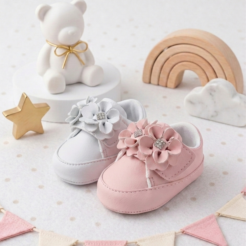 Tênis Bebê Menina com Flor Delicada Velcro Branco e Rosa Confortável