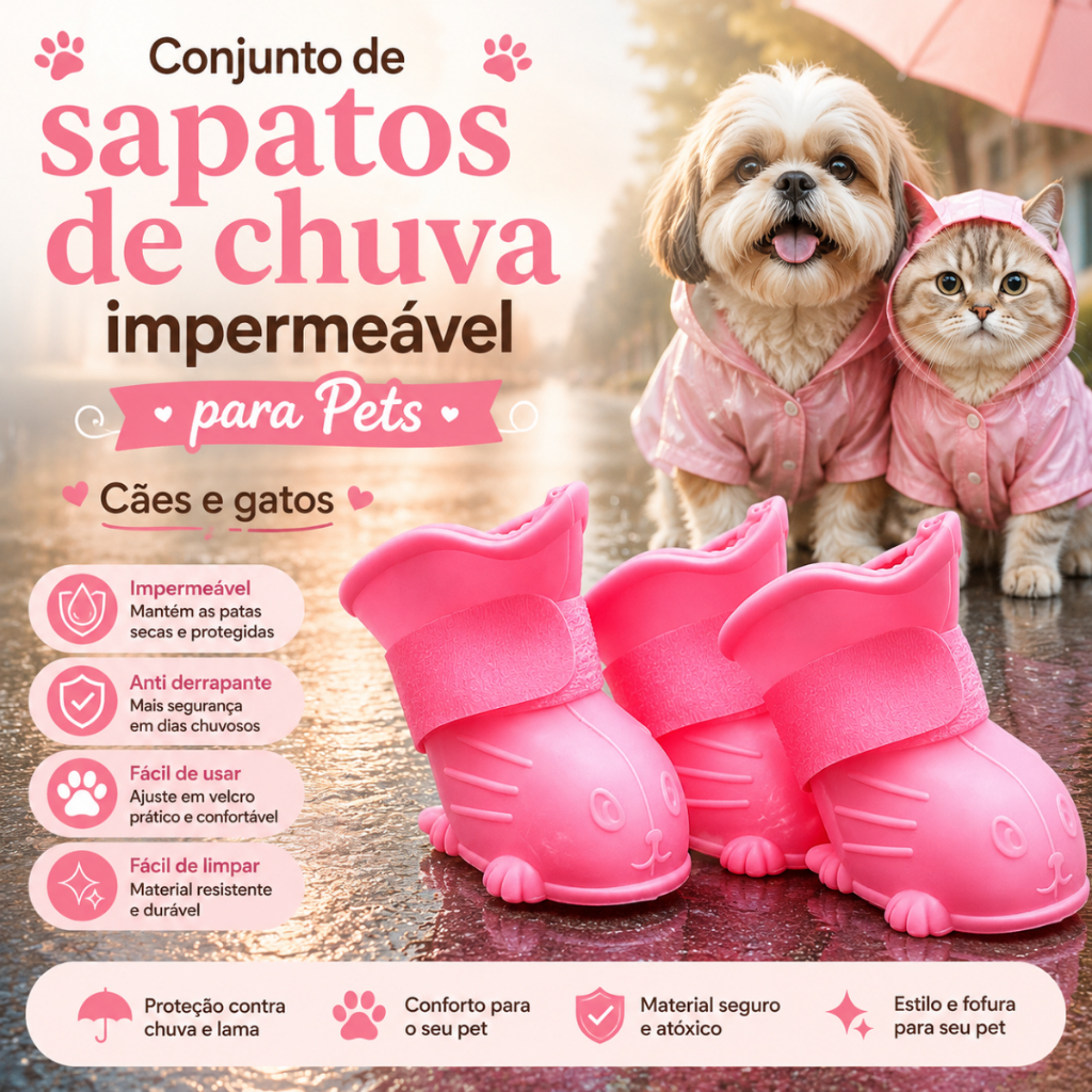 kit 4 Botinha sapato de chuva De Silicone para Cães Gato Pet Sapatinho Impermeável