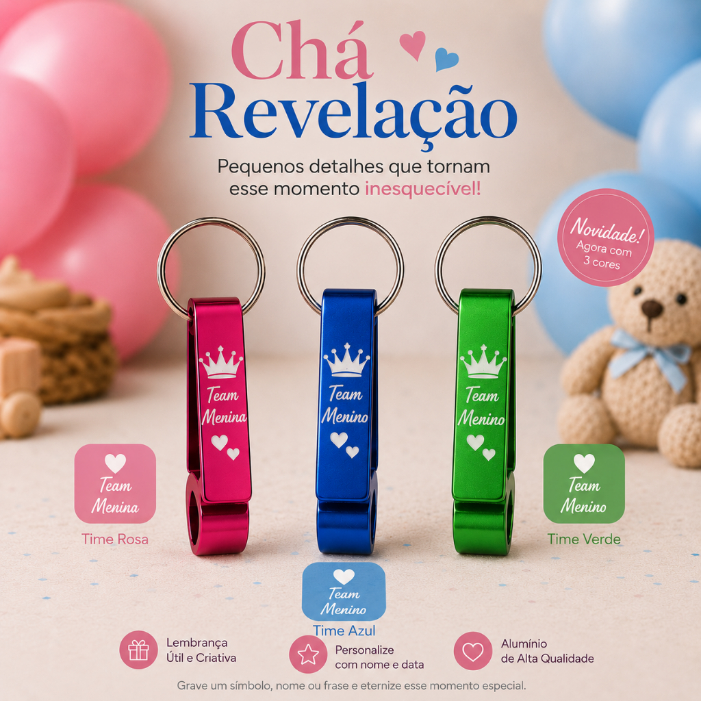 Kit Chaveiros Chá Revelação Abridor Personalizado Lembrancinha Chá de Bebê Aniversário Menino Menina Brinde em Alumínio