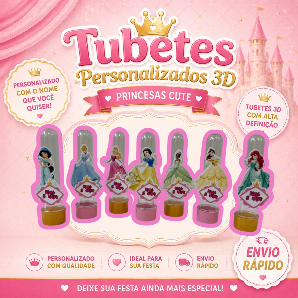 Tubetes + Apliques 3D Personalizado Lembrancinha Festa Aniversário Princesas