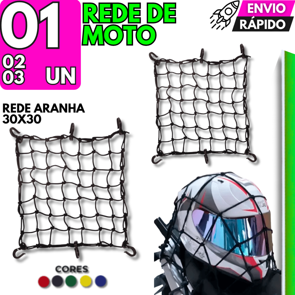 Rede Aranha Reforçada Para Moto 30x30cm Fixação Forte 6 Ganchos Ideal Motoboy e Entregas bAU