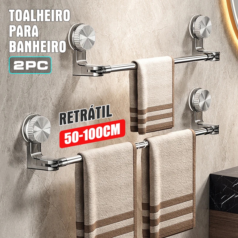 Kit 2 Suporte Porta Toalha Retrátil Toalheiro Para Banheiro com Ventosa – Giratório e Sem Furar