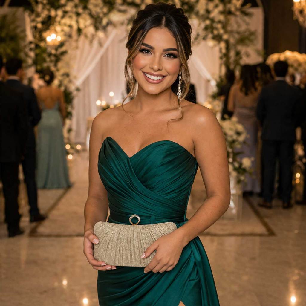 Bolsa Clutch Festa Luxo Brilhante PU com Strass Alça Corrente Longa e Curta Multiuso Elegante