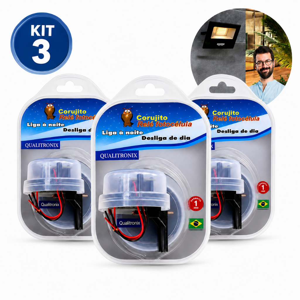 KIT 3 Relé Fotocélula Corujito Fácil Bivolt Automático Noturno Com Suporte/base Qualitronix QR51