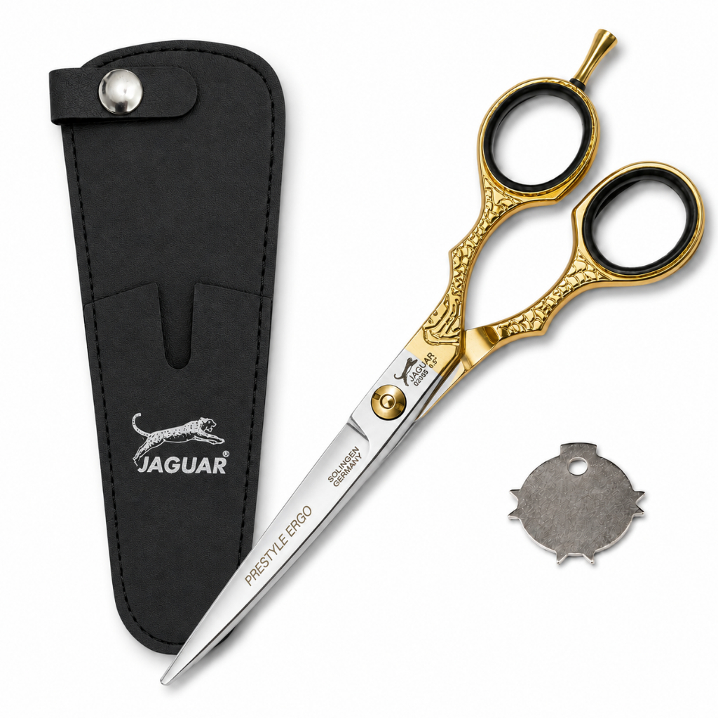 Tesoura Profissional Jaguar Prata com Dourado 6.5 Fio Laser Ergo Barbeiro Cabelereiro