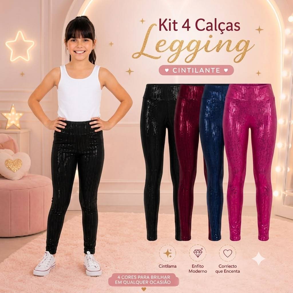 Kit com 4 Calças Legging Suplex Zig Zag Cintilante Moda Infantil