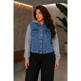 Jaqueta Jeans Moletom Plus Size com Touca Blusa de Frio Tamanho Grande G1 a G3