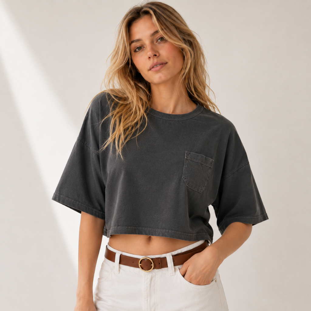 Camisa Cropped Feminina Manga Curta Estonada Bolso Casual Confortável Moderna Promoção
