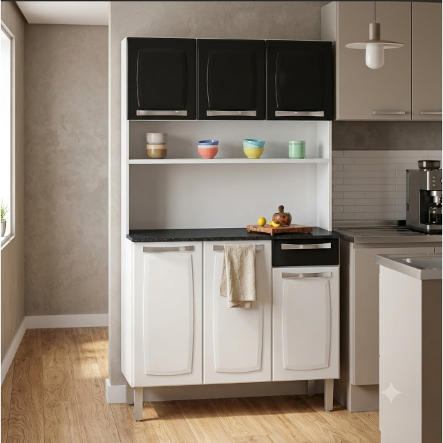Cozinha de Aço Compacta Itatiaia Rose 6 Portas e 1 Gaveta Branco e Preto