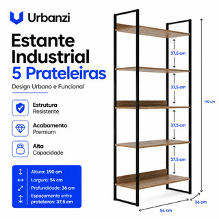 Estante Decorativa Industrial Alta 5 Prateleiras Madeira E Metal Preto Premium