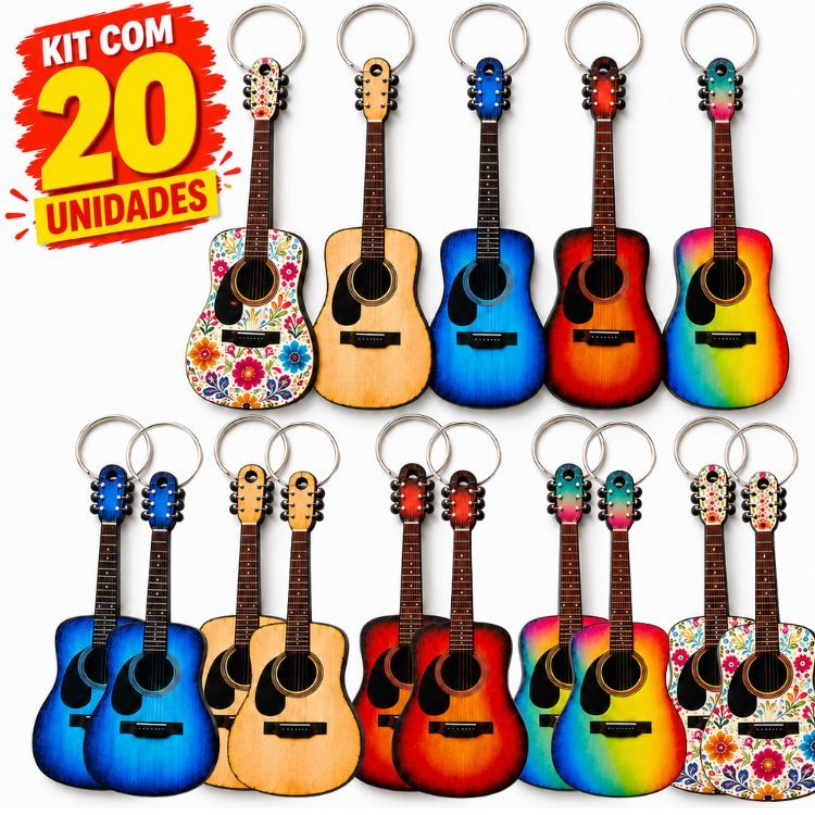 Kit 20 Chaveiros De Violão MDF Colorido 6mm com Argola Instrumento Musical Lembrancinha Decoração
