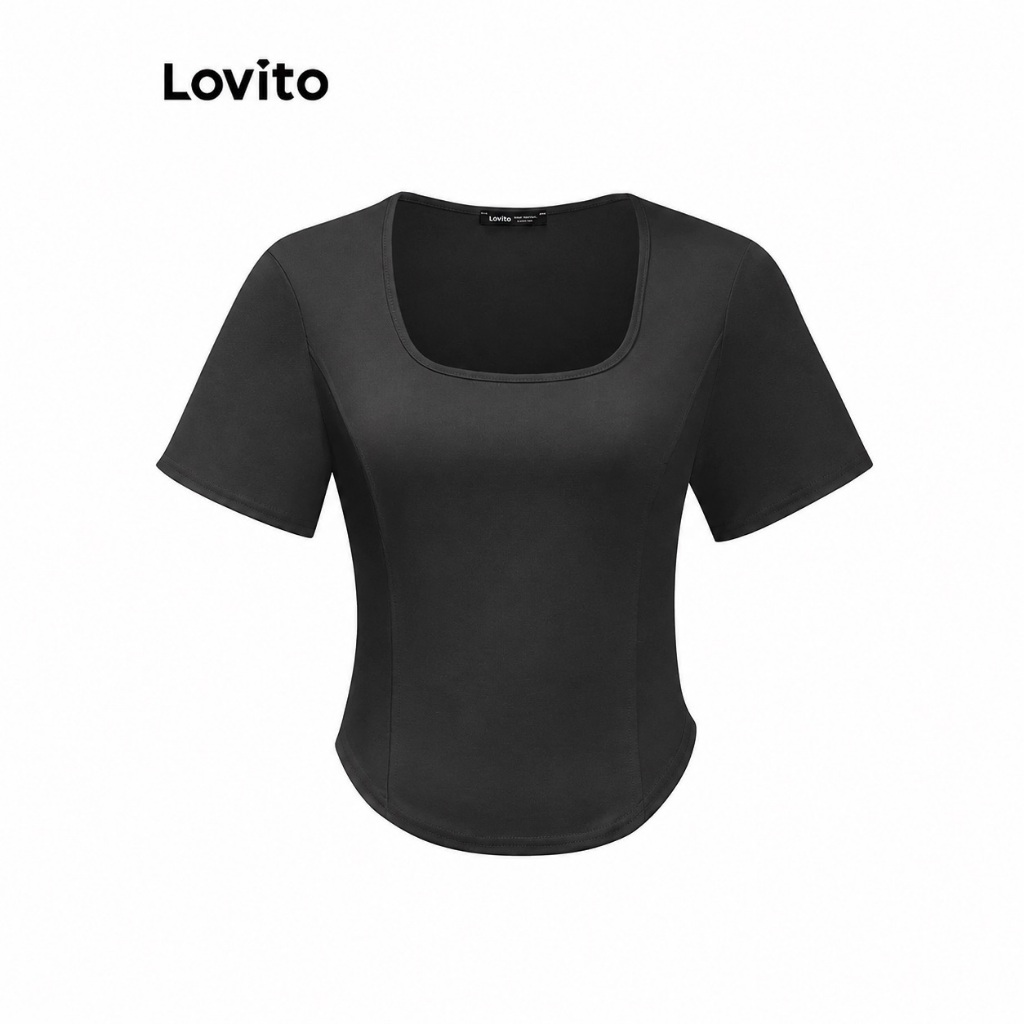 Lovito Camiseta Casual Feminina Manga Curta com Gola Quadrada BRTSNS31EX215