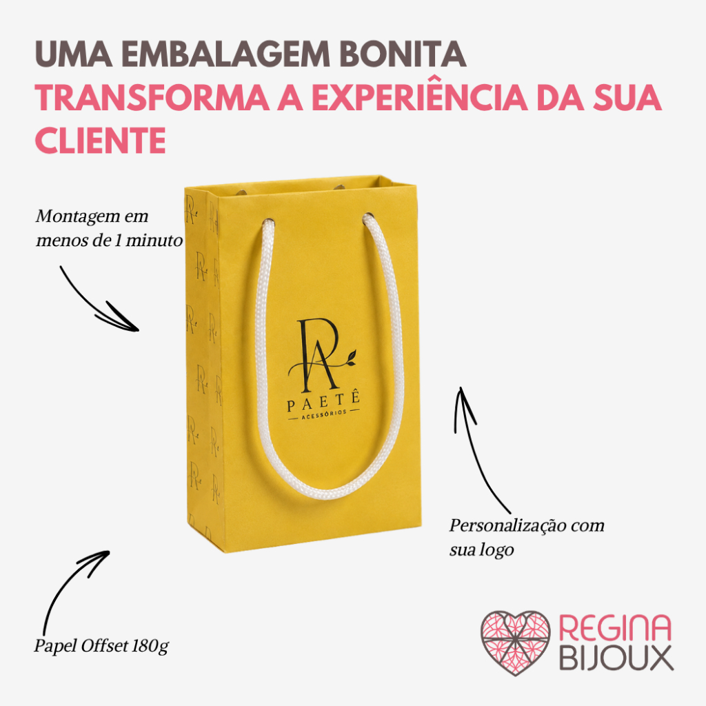 100un Sacola Personalizada para Semijoias e Bijuterias 14x9x4 cm Papel Offset com Alça Logo Colorido Elegance — imagem 2 de 2