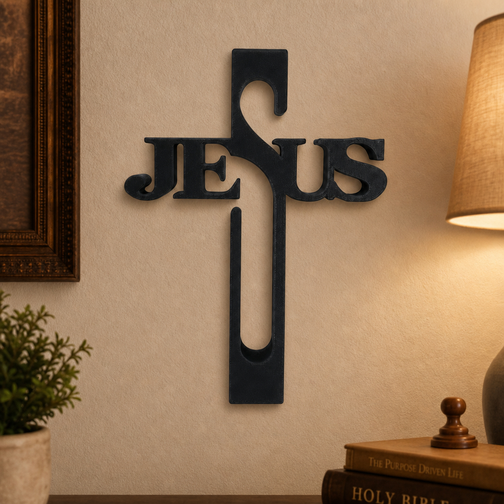 Cruz Decorativa "JESUS" - Crucifixo18cm Preto Fosco - Suporte de Parede  - Decoração Religiosa Cristã - Quadro Religioso