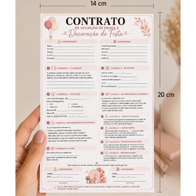 Contrato Locação Painel Decoração Festa 14x20cm | Locação Festa | Contrato Festa Infantil | Bloco