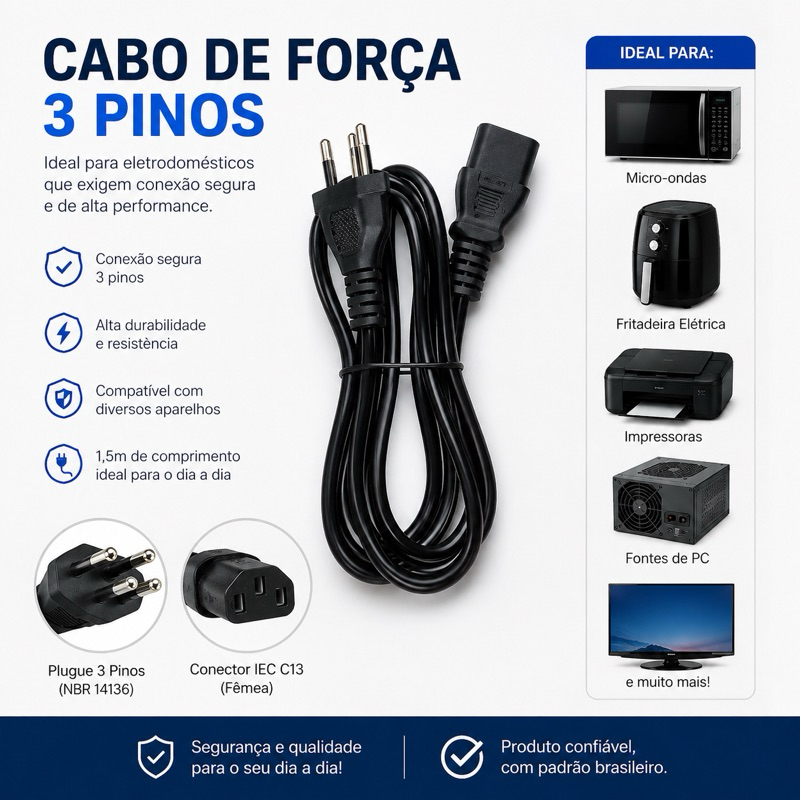 Cabo de Força 3 Pinos Bivolt – Ideal Para Panela Elétrica e Eletrodomésticos