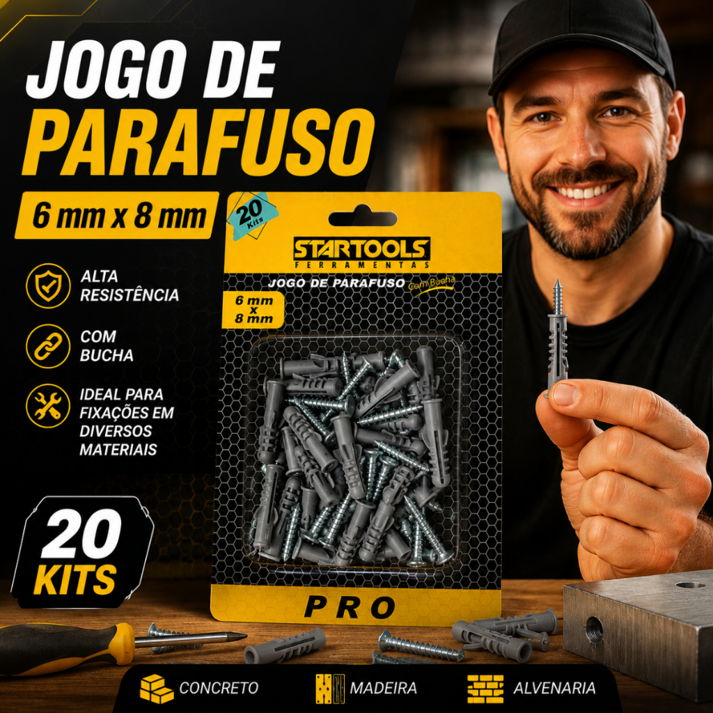 Kit 20 Unidades Buchas e Parafusos  20 Buchas 6mm e 8mm Com Aba Anel Para Fixação Parede